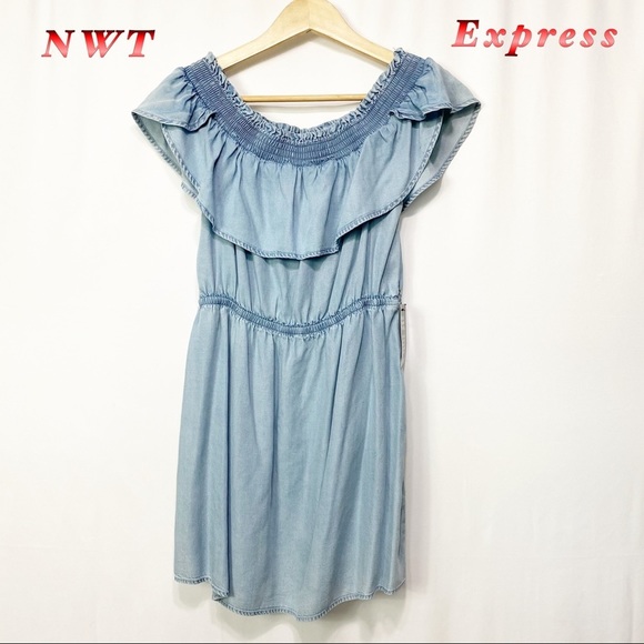 Express Dresses & Skirts - NWT-Express-Denim Chambray elastic Top off/on shoulder Dress S